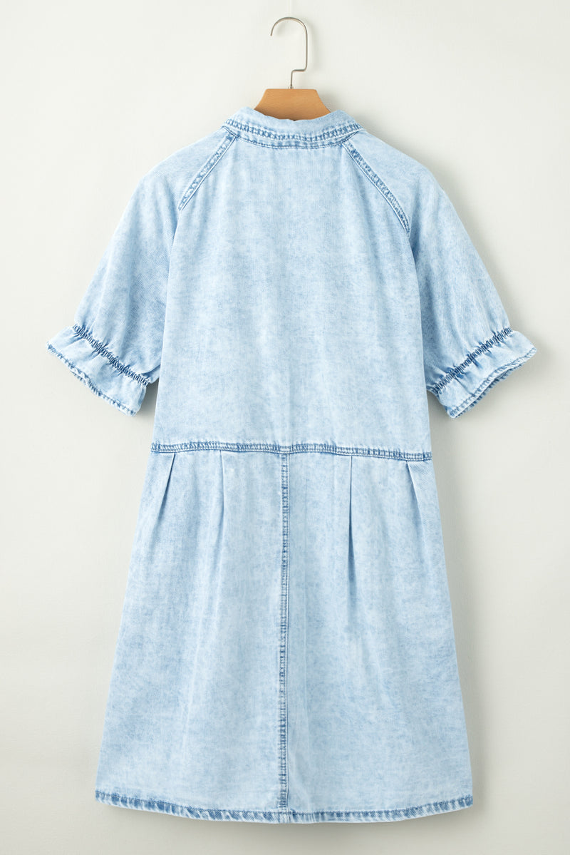 Medium Grey Mineral Wash Ruffled Short Sleeve Buttoned Denim Dress