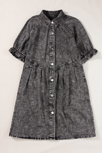 Medium Grey Mineral Wash Ruffled Short Sleeve Buttoned Denim Dress