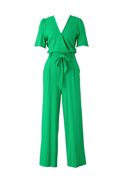 Bright Green Wrap V Neck Belted Elegant Jumpsuit