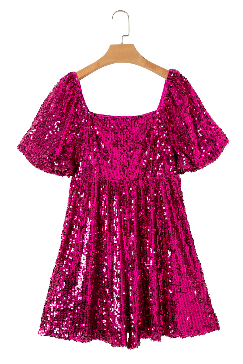 Rose Red Short Puff Sleeve Sequin Babydoll Romper