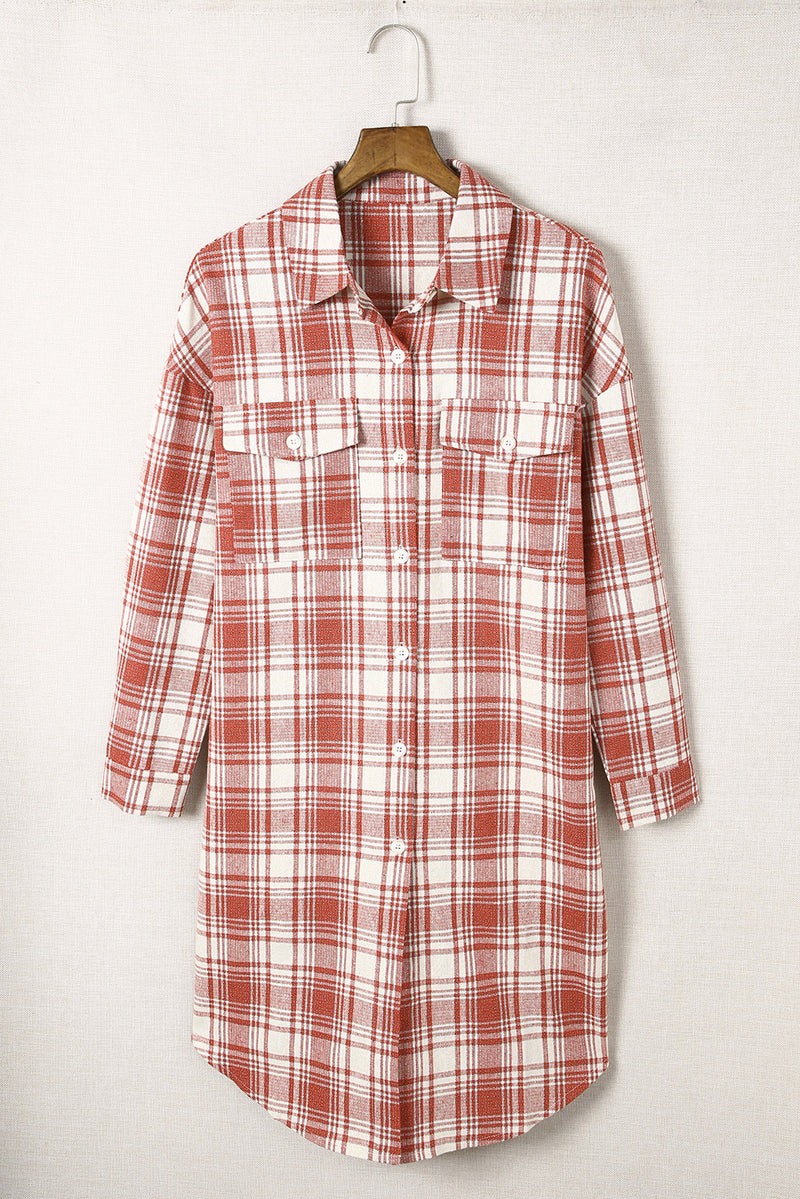 Fiery Red Plaid Print Button Long Shacket