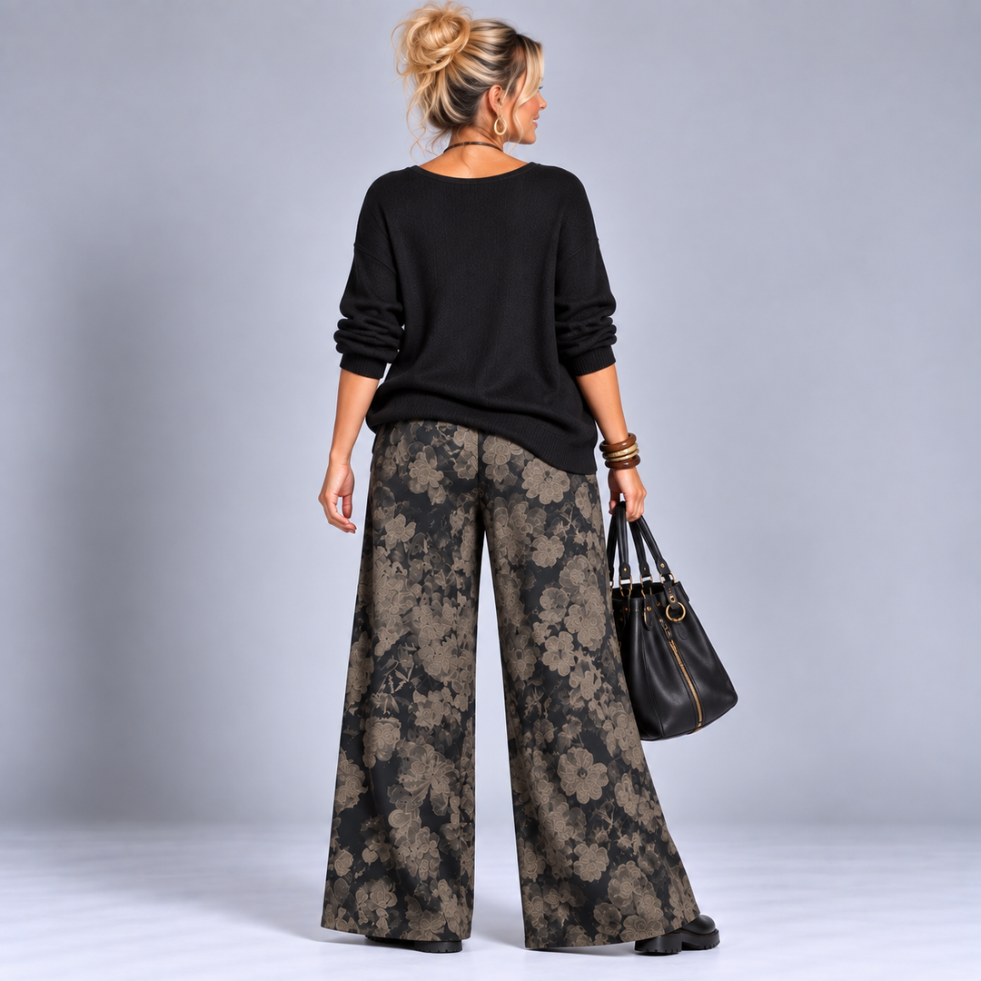 Black Grey Floral Palazzo Trousers