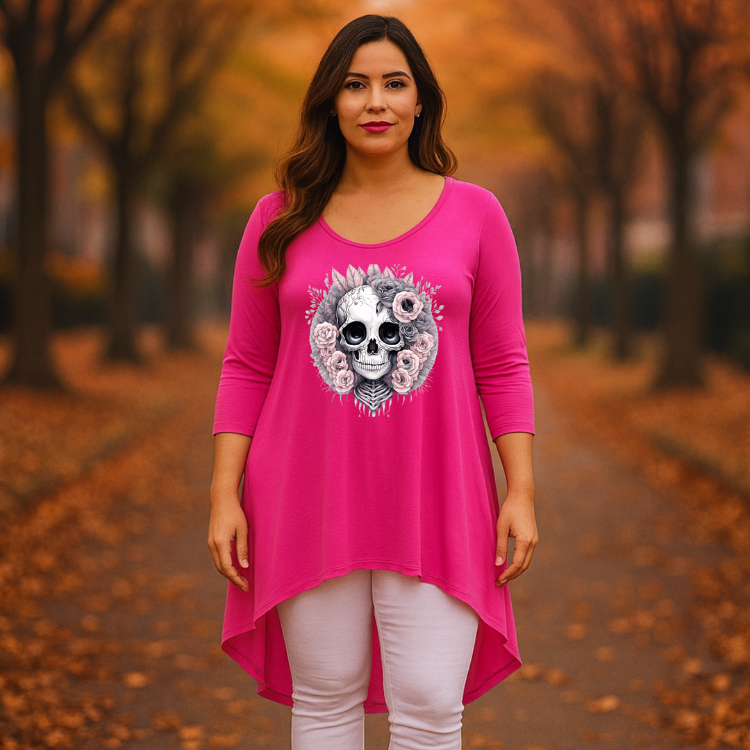 Pink Skull 3/4 SLEEVE DIPPED HEM TOP