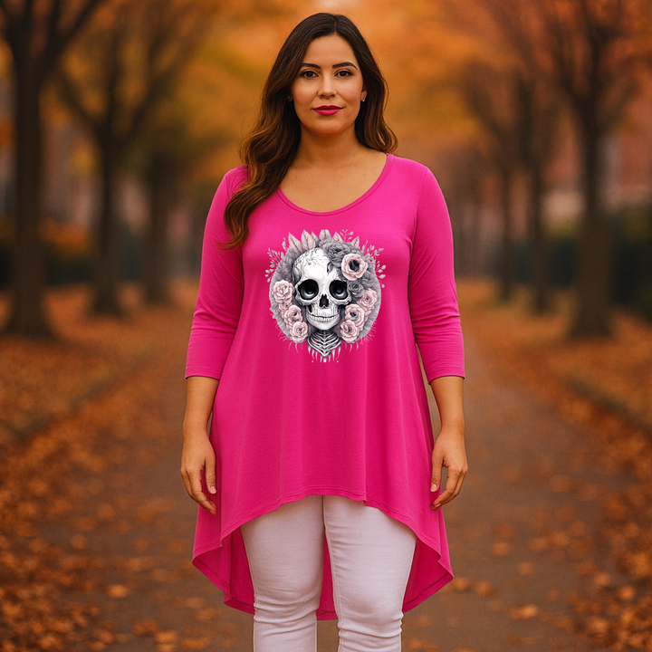 Pink Skull 3/4 SLEEVE DIPPED HEM TOP
