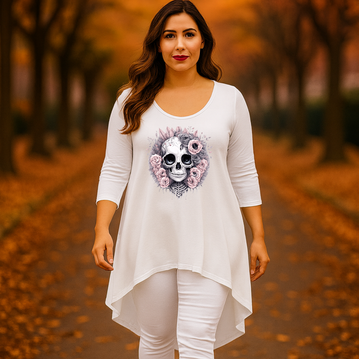 Pink Skull 3/4 SLEEVE DIPPED HEM TOP
