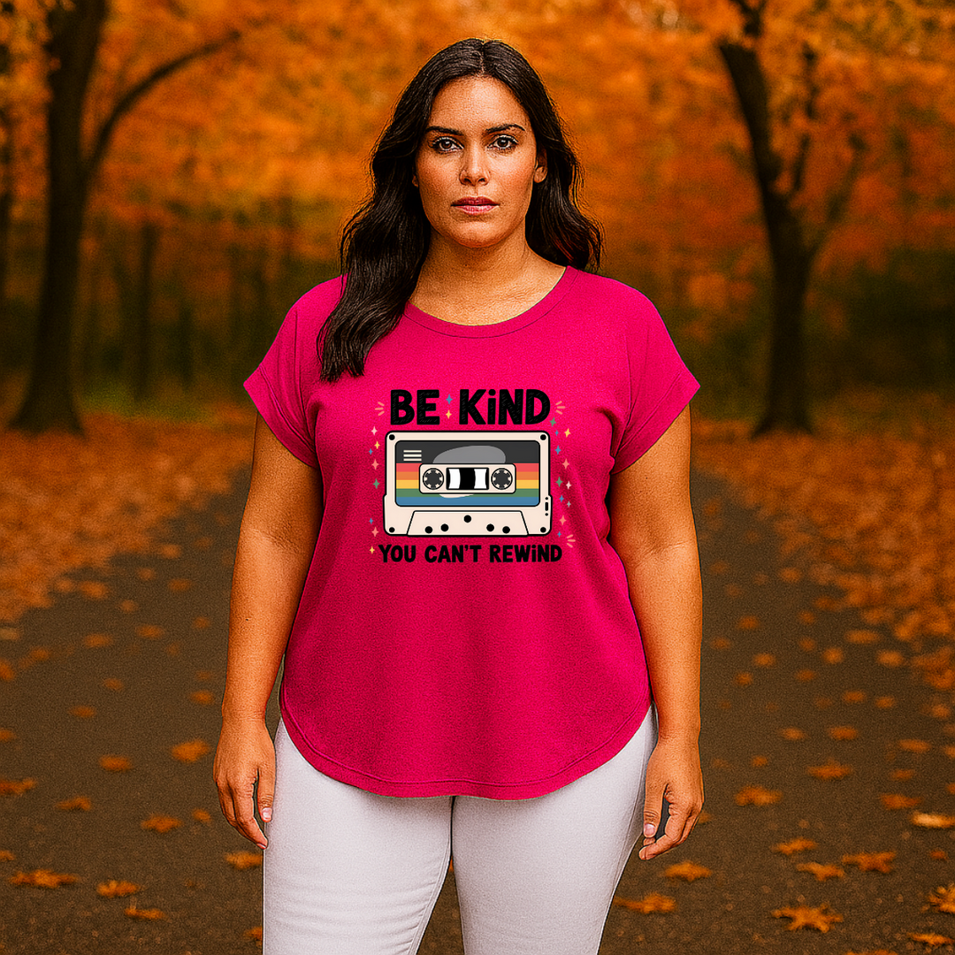 Dipped-Hem T-Shirt with Retro Be Kind Print