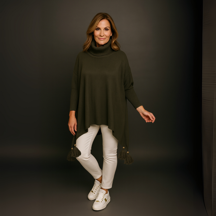Polo Neck Oversized Jumper with Tassle Detail