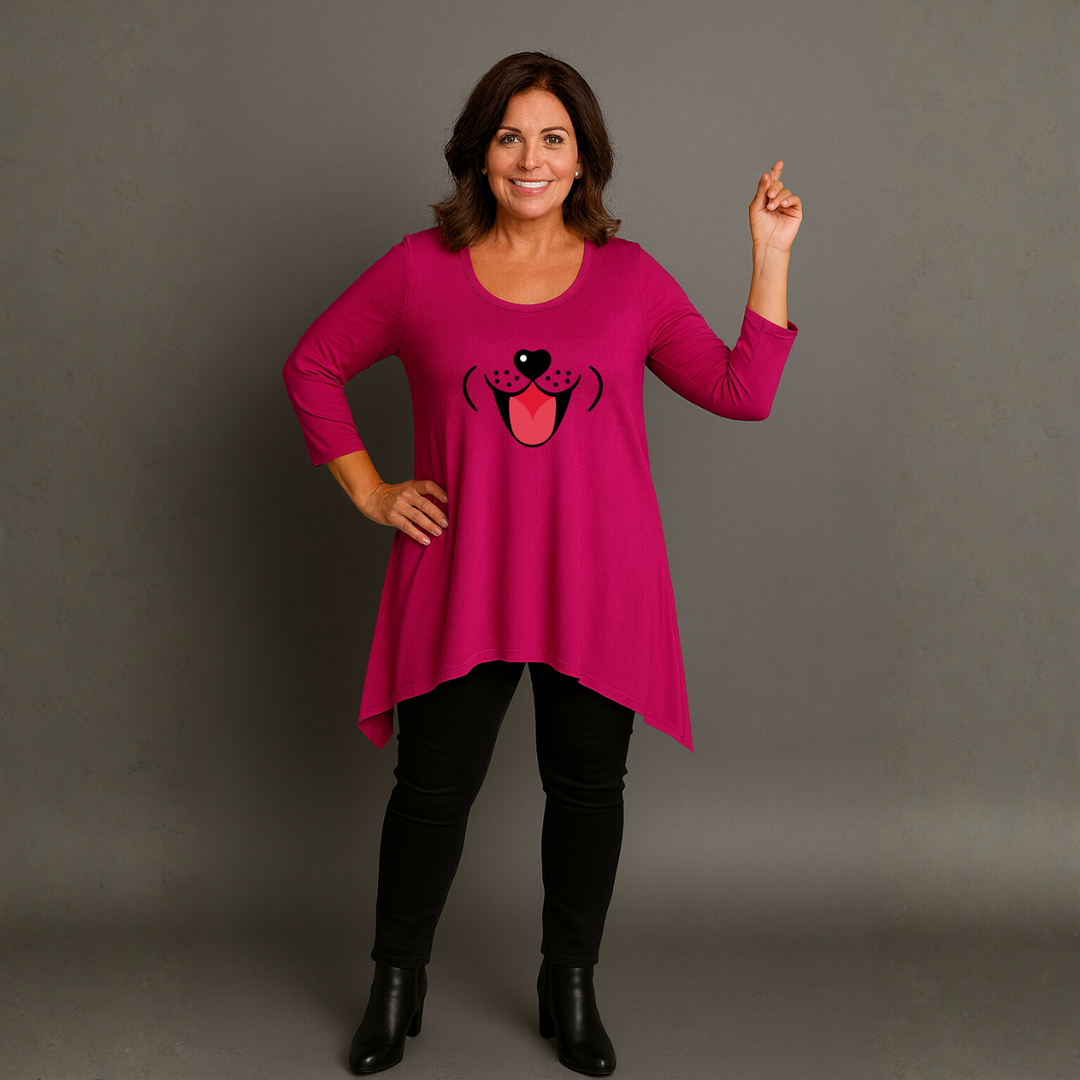 Fun Dog Face Long Length Hanky Hem Swing Top
