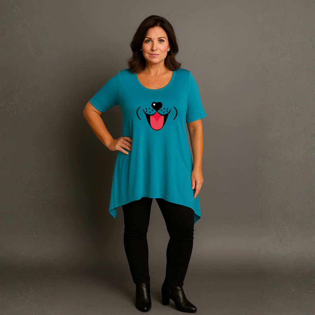 Fun Dog Face Long Length Hanky Hem Swing Top