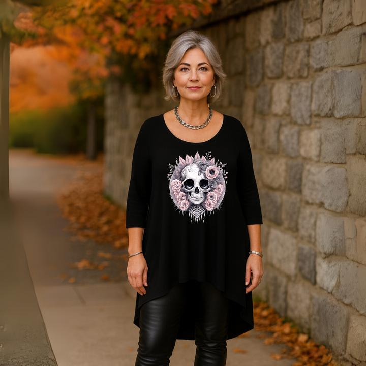 Pink Skull 3/4 SLEEVE DIPPED HEM TOP