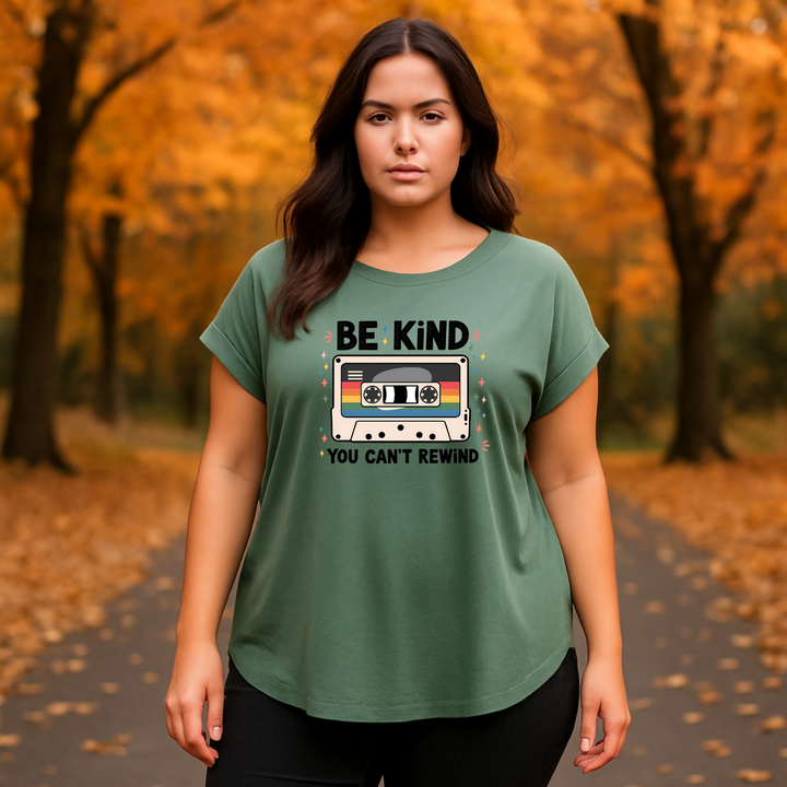 Dipped-Hem T-Shirt with Retro Be Kind Print