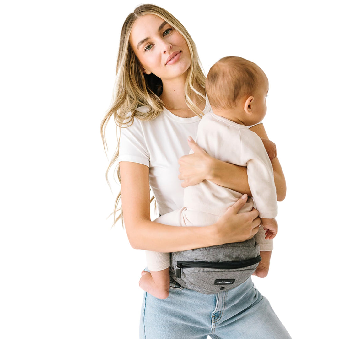 TushBaby Original Hip Seat Carrier – Up to 45 lbs, Grey, Storage & Nursing